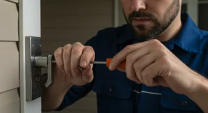Rekeying Home Locks for New Homeowners - My Local Locksmith New homeowner rekeying a front door lock for added security