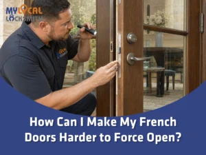 Secure French Doors Against Forced Entry - My Local Locksmith How Can I Make My French Doors Harder to Force Open? A locksmith inspects the doors in Flower Mound